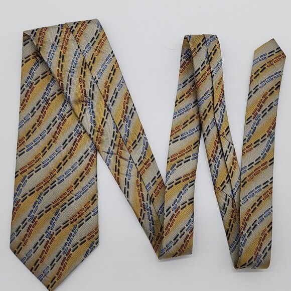 Emilio Ponti Necktie Geometric Silk Gray Yellow Blue Textured Fabric 57" L 4" W - Picture 1 of 7